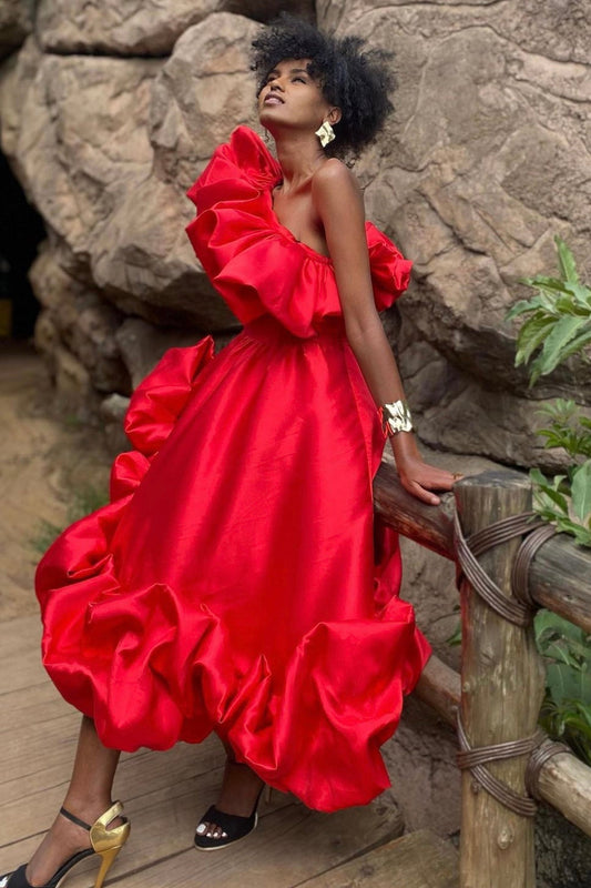 red Margot Ruffle Midi Dress in Red