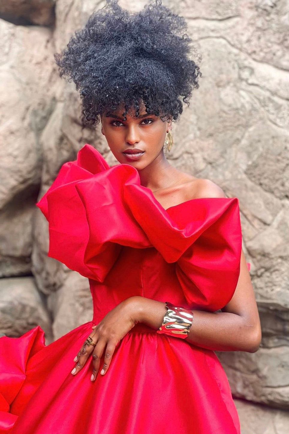 red Margot Ruffle Midi Dress in Red