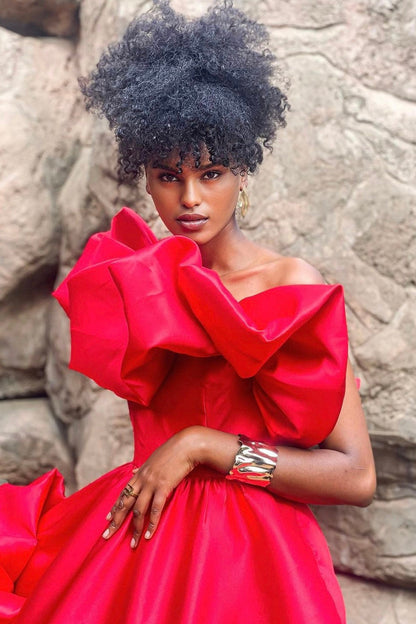 red Margot Ruffle Midi Dress in Red