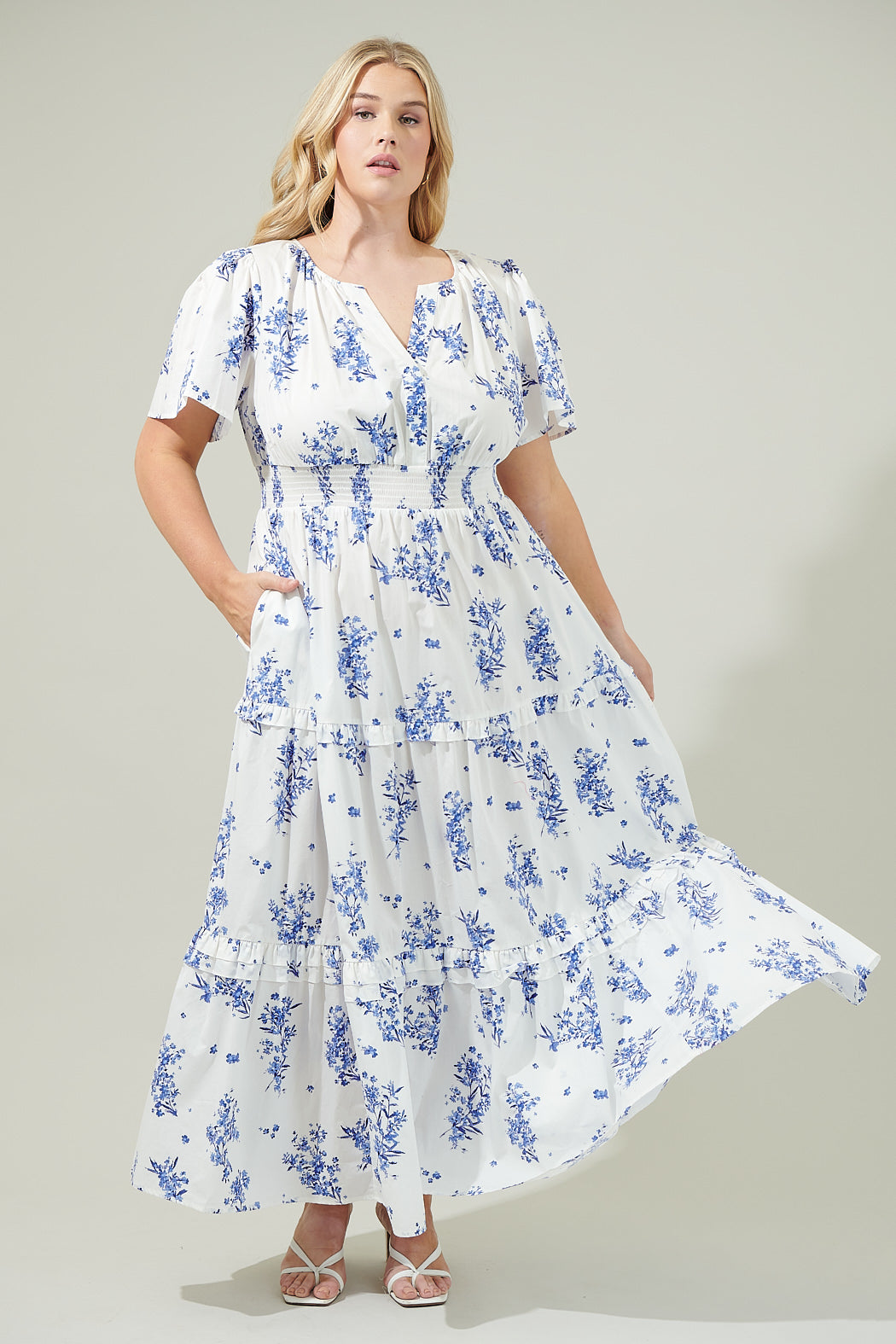 CREAM-BLUE Bestia Floral Poplin Tiered Maxi Dress