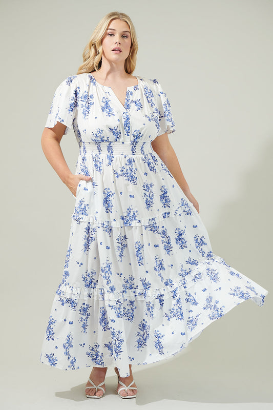 CREAM-BLUE Bestia Floral Poplin Tiered Maxi Dress