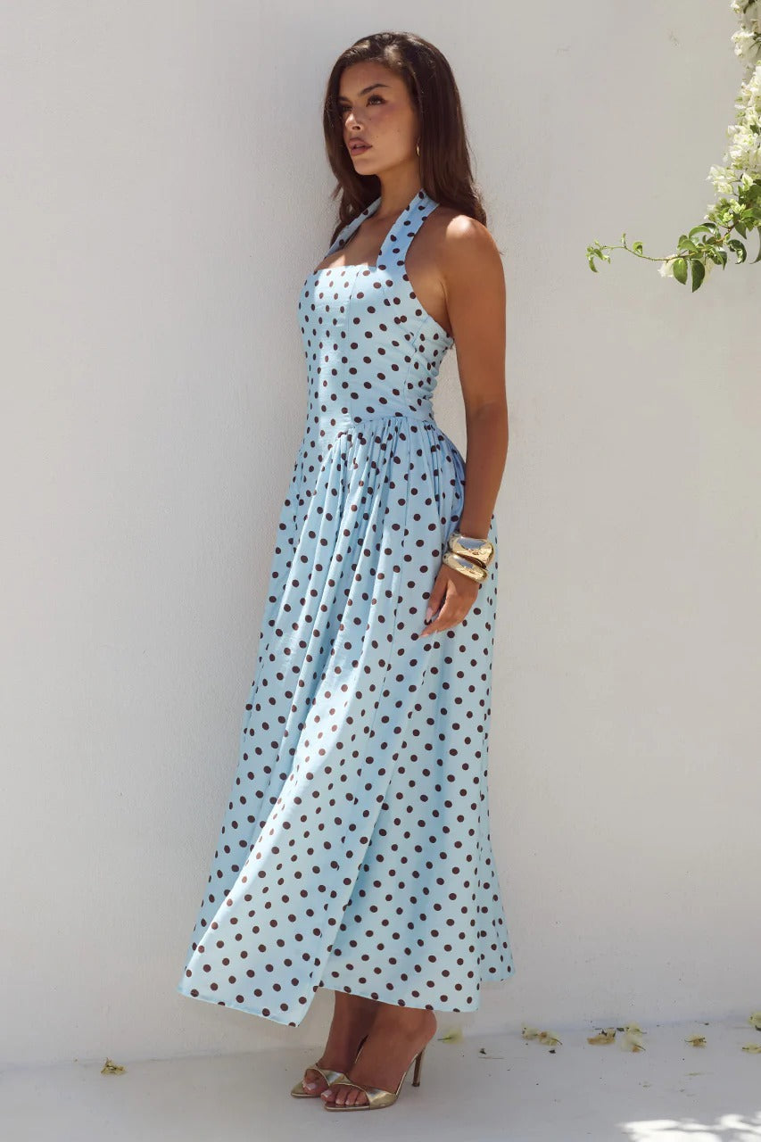 Sky Blue/Choc Polka Sammi Polka Dot Midi Dress