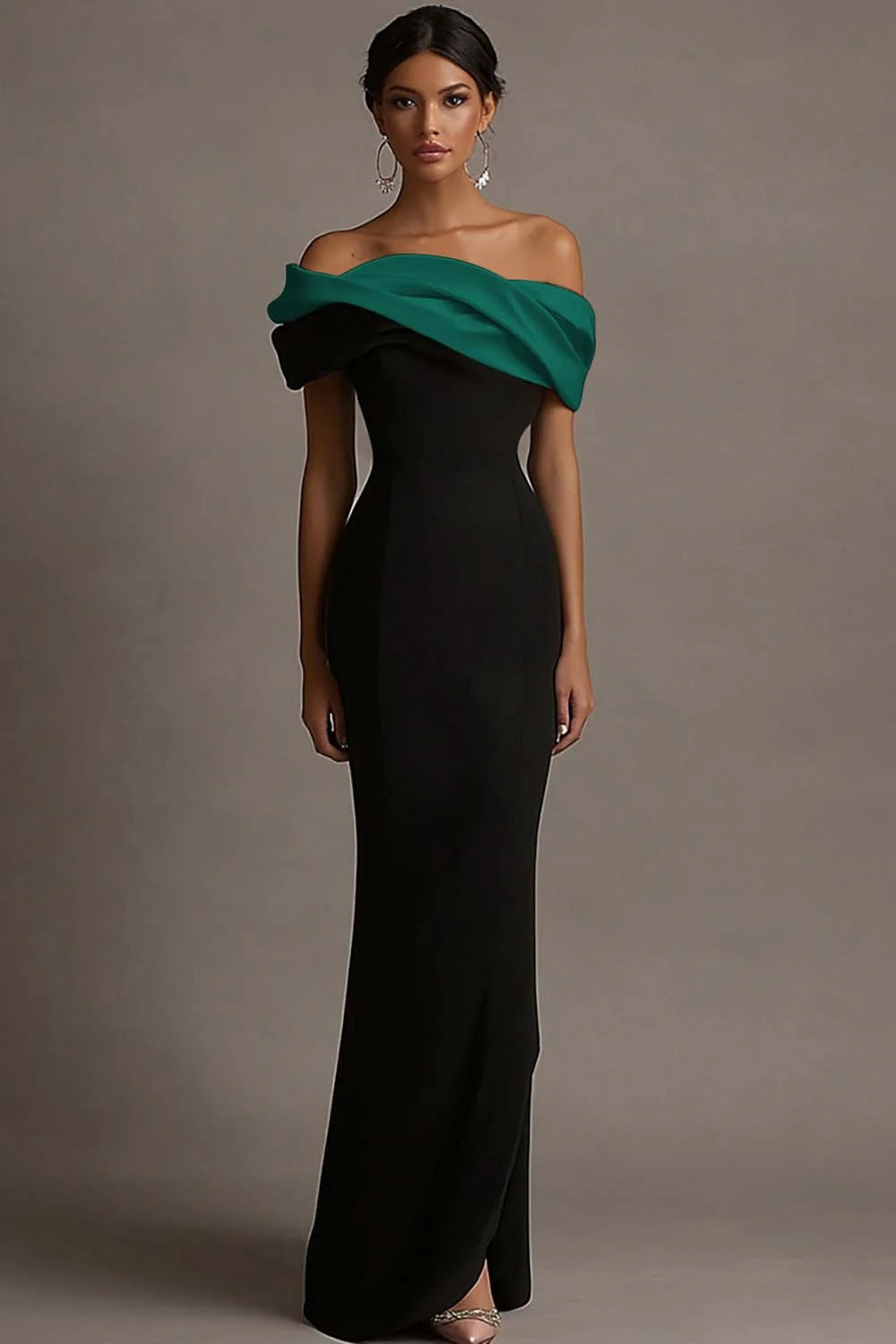 Black and Dark Green Vivienne Satin Off-Shoulder Evening Dress