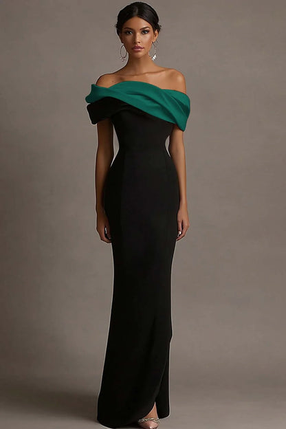 Black and Dark Green Vivienne Satin Off-Shoulder Evening Dress