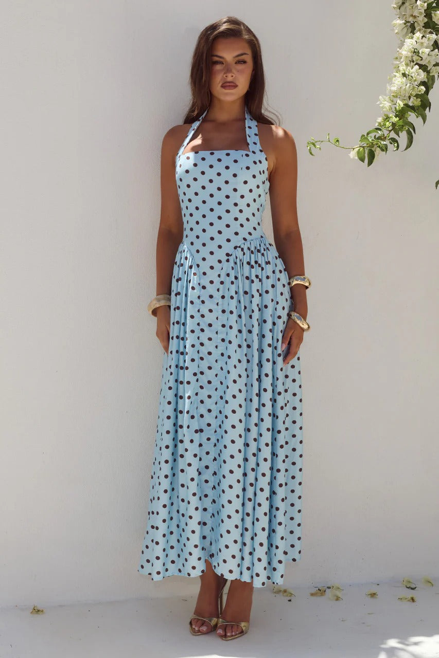 Sky Blue/Choc Polka Sammi Polka Dot Midi Dress