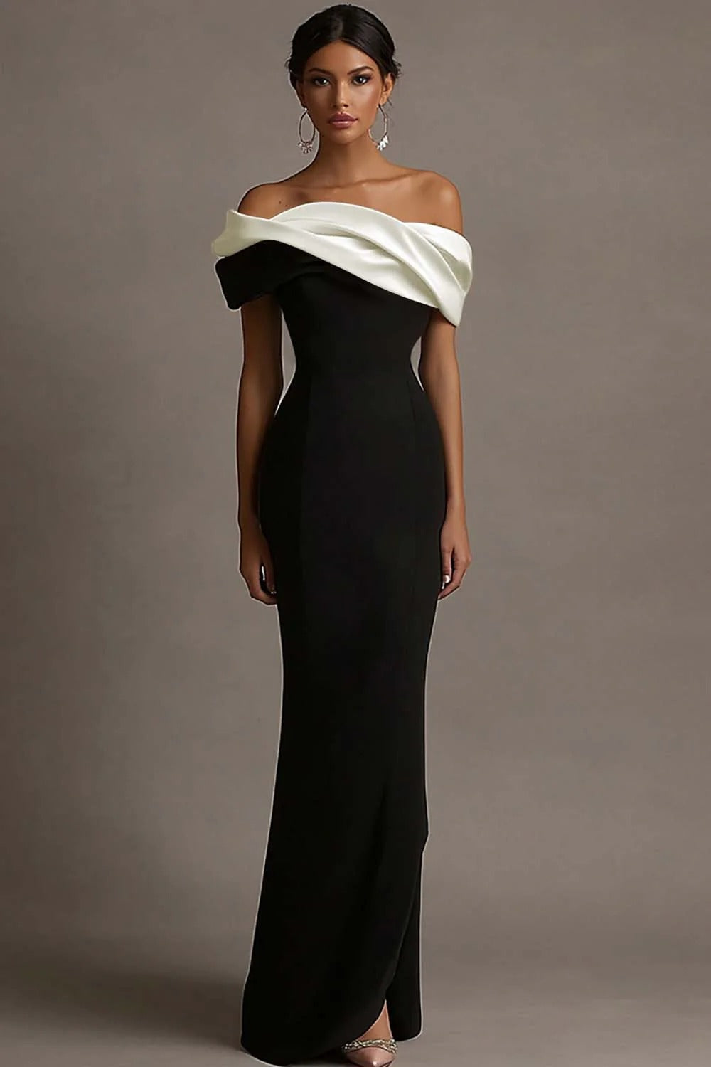 Black and Dark Green Vivienne Satin Off-Shoulder Evening Dress