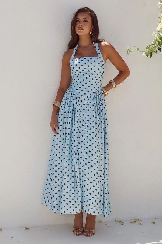 Sky Blue/Choc Polka Sammi Polka Dot Midi Dress