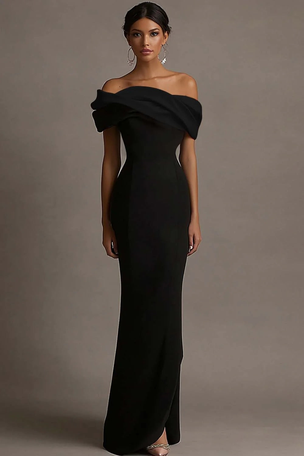 Black and Ivory Vivienne Satin Off-Shoulder Evening Dress