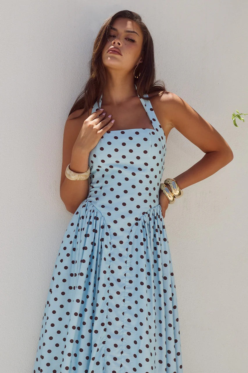 Sky Blue/Choc Polka Sammi Polka Dot Midi Dress