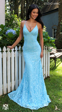 Light Blue formal dress | lace V neckline fitted mermaid lace up