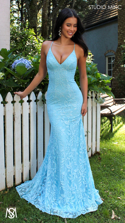 Light Blue formal dress | lace V neckline fitted mermaid lace up Jasmine Lace Mermaid Dress