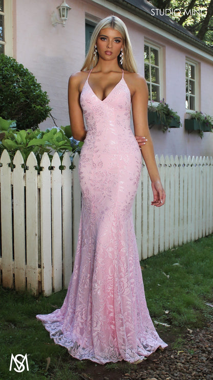 Light Pink formal dress | lace V neckline fitted mermaid lace up Jasmine Lace Mermaid Dress