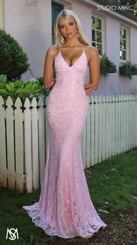 Light Pink formal dress | lace V neckline fitted mermaid lace up