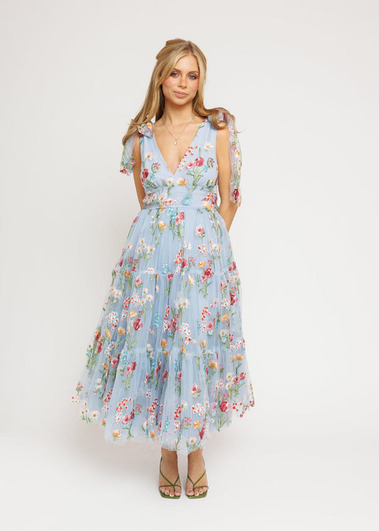 Blue Floral Margaret Midi Dress in Coastal Blue