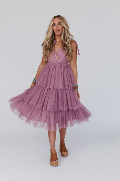 Mauve Arabella Tiered Tulle Dress in Mauve