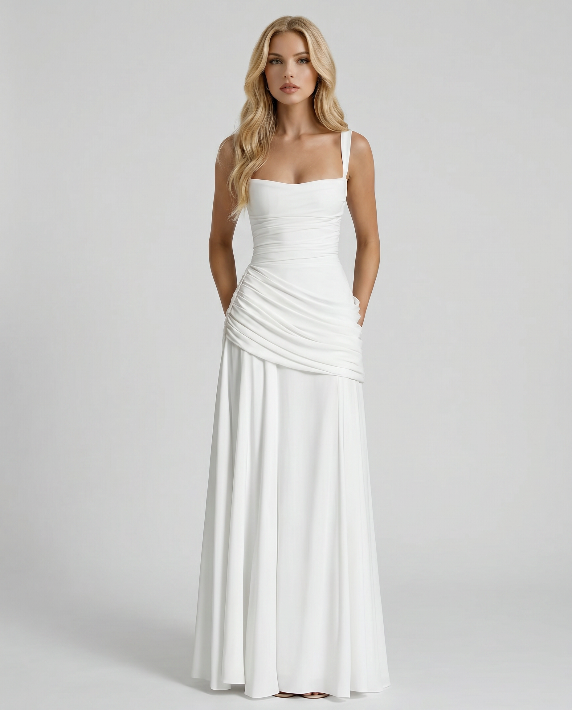 White Charlotte Ruched Maxi Dress in Navy
