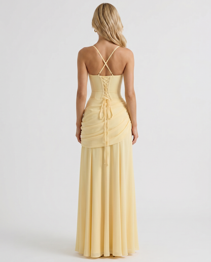 Yellow Charlotte Ruched Maxi Dress in Navy