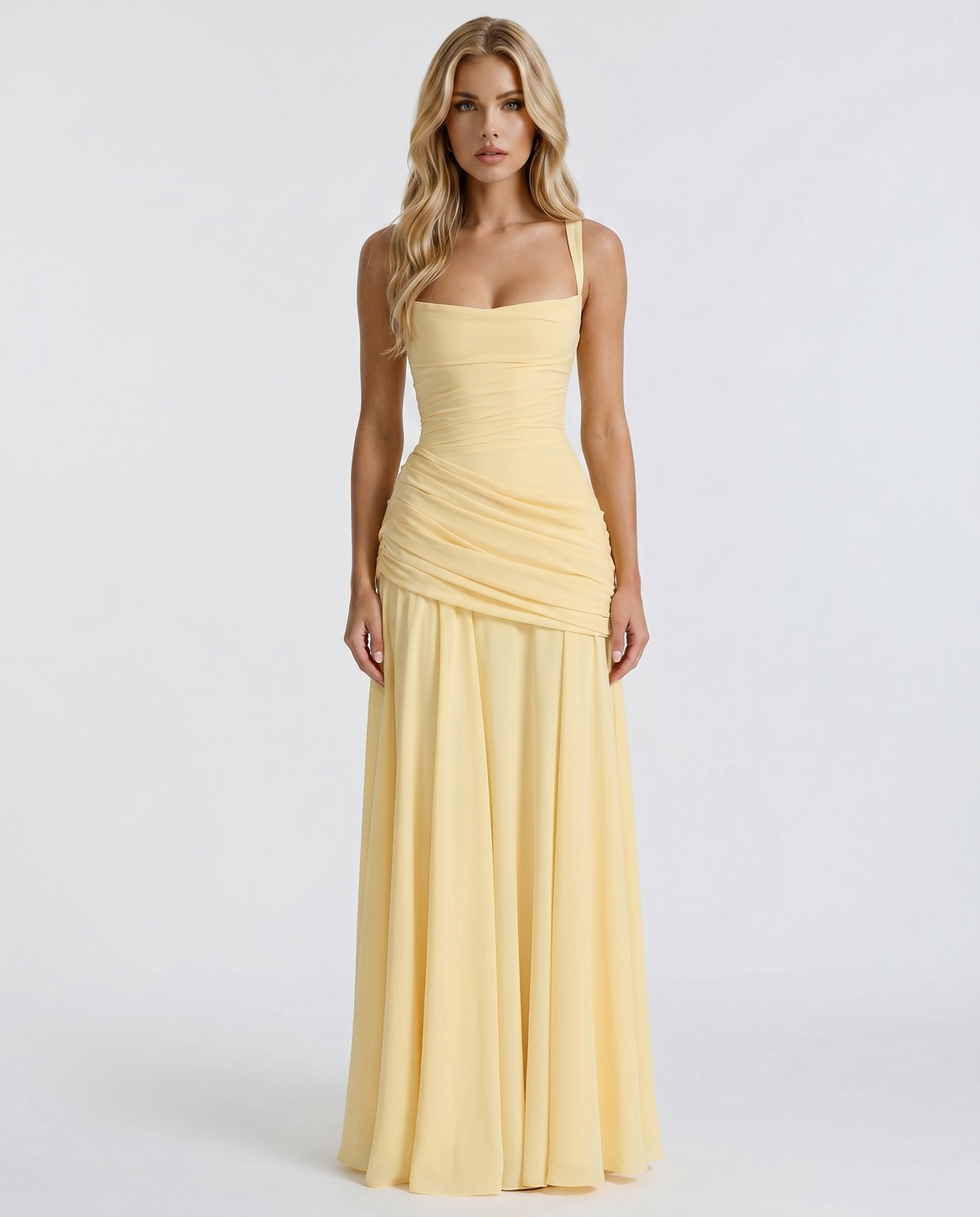 Yellow Charlotte Ruched Maxi Dress in Navy
