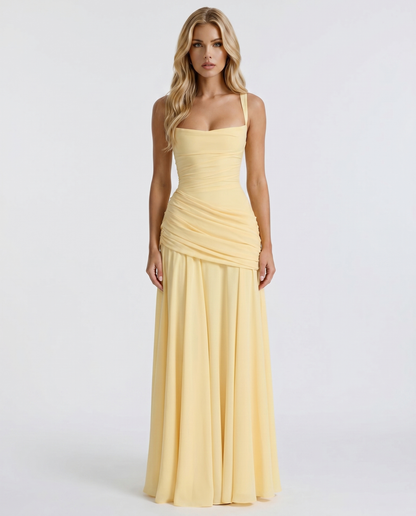 Yellow Charlotte Ruched Maxi Dress in Navy