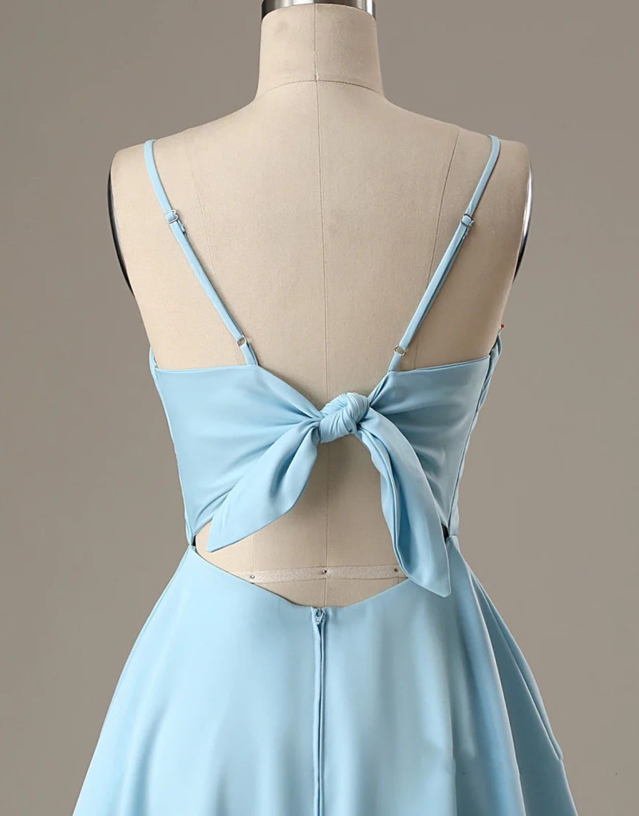 Line Spaghetti Straps Short Blue Satin Homecoming Dress, Bow Back Audrey Satin A-Line Gown