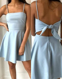 Line Spaghetti Straps Short Blue Satin Homecoming Dress, Bow Back