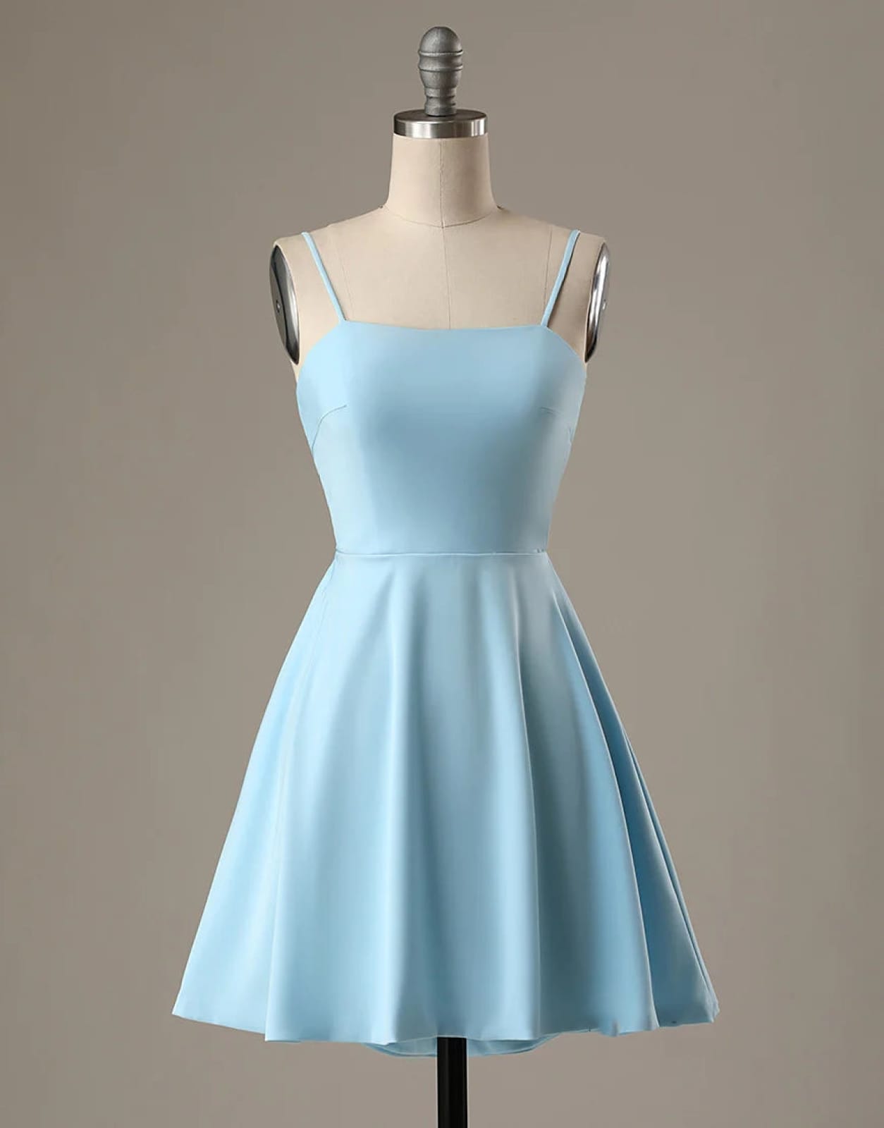 Line Spaghetti Straps Short Blue Satin Homecoming Dress, Bow Back Audrey Satin A-Line Gown