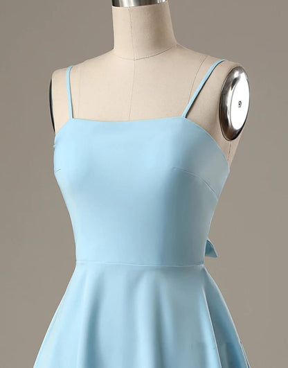 Line Spaghetti Straps Short Blue Satin Homecoming Dress, Bow Back Audrey Satin A-Line Gown