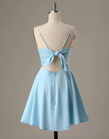 Line Spaghetti Straps Short Blue Satin Homecoming Dress, Bow Back Audrey Satin A-Line Gown