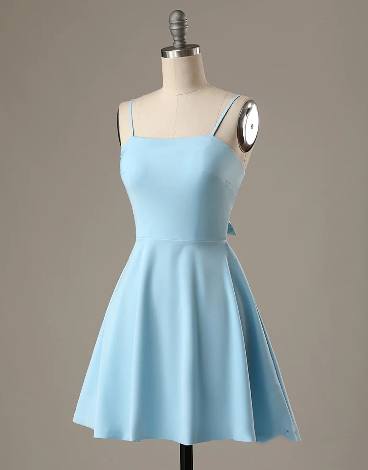 Line Spaghetti Straps Short Blue Satin Homecoming Dress, Bow Back Audrey Satin A-Line Gown