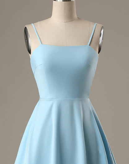 Line Spaghetti Straps Short Blue Satin Homecoming Dress, Bow Back Audrey Satin A-Line Gown