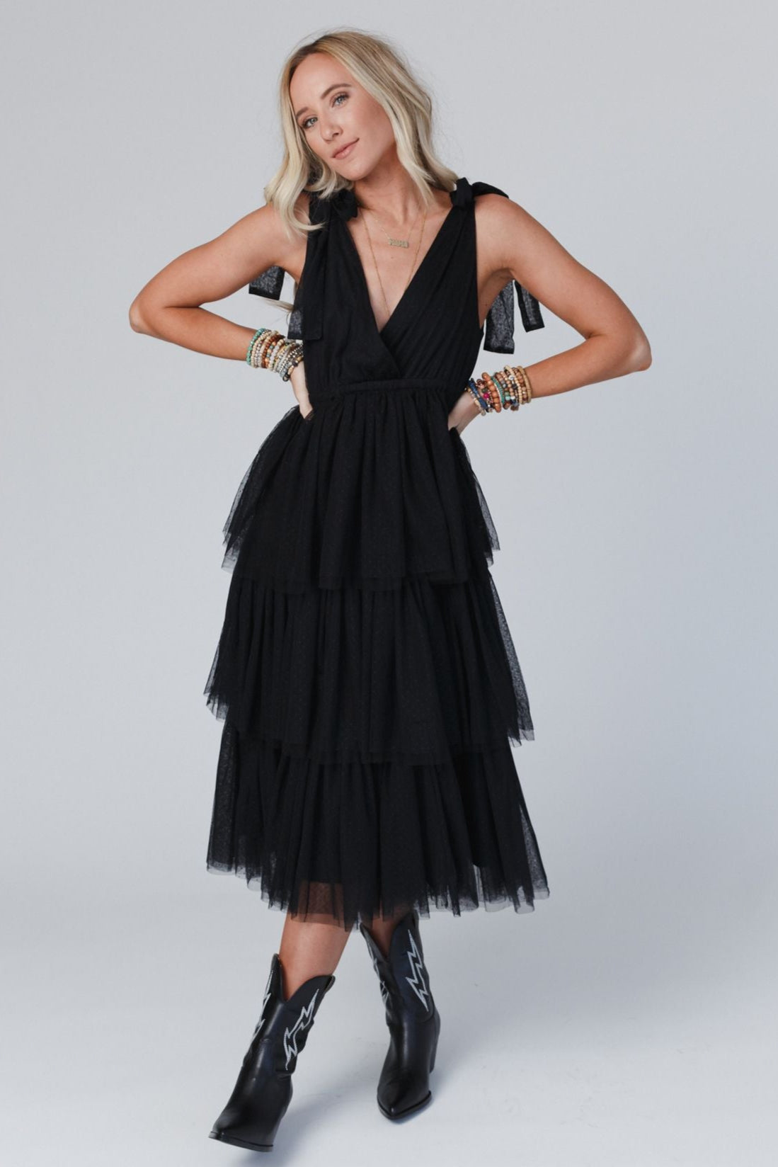 Black Arabella Tiered Tulle Dress in Mauve