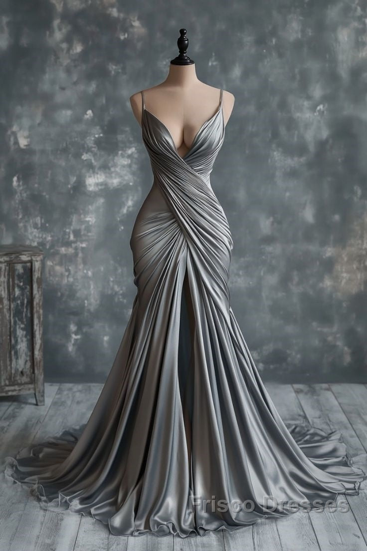 Picture Color Mermaid V Neck Silver Spaghetti Straps Satin Long Formal Prom Dress Sexy Evening Dress - Picture Color / US6