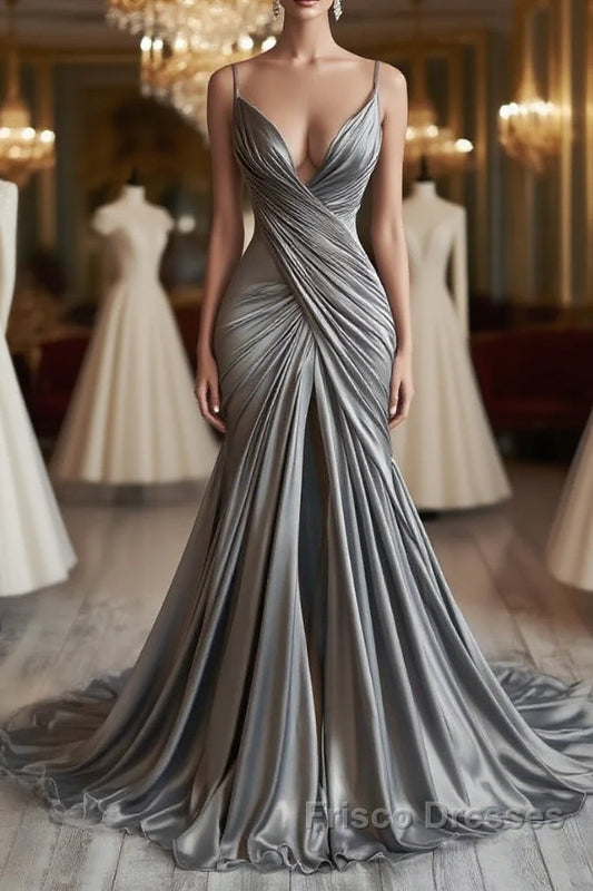 Picture Color Mermaid V Neck Silver Spaghetti Straps Satin Long Formal Prom Dress Sexy Evening Dress - Picture Color / US6