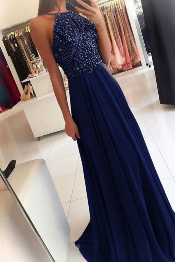 Line Prom Dress with Beadings Adelaide Beaded Chiffon Halter Gown