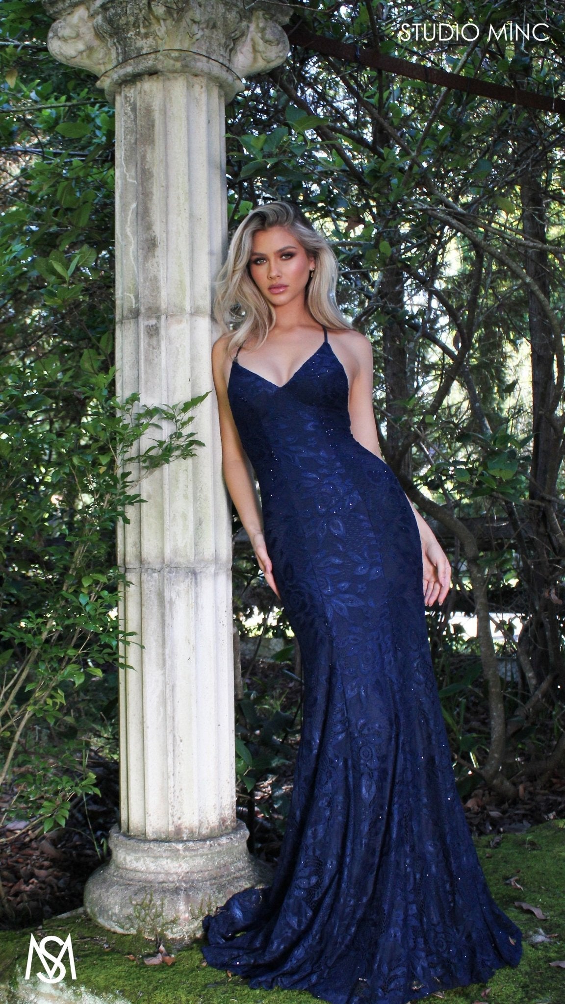 Navy Blue formal dress | lace V neckline fitted mermaid lace up Jasmine Lace Mermaid Dress