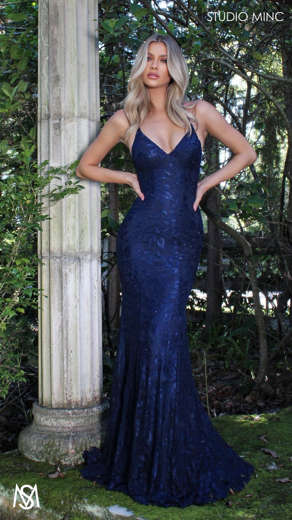 Navy Blue formal dress | lace V neckline fitted mermaid lace up Jasmine Lace Mermaid Dress