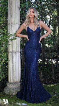 Navy Blue formal dress | lace V neckline fitted mermaid lace up