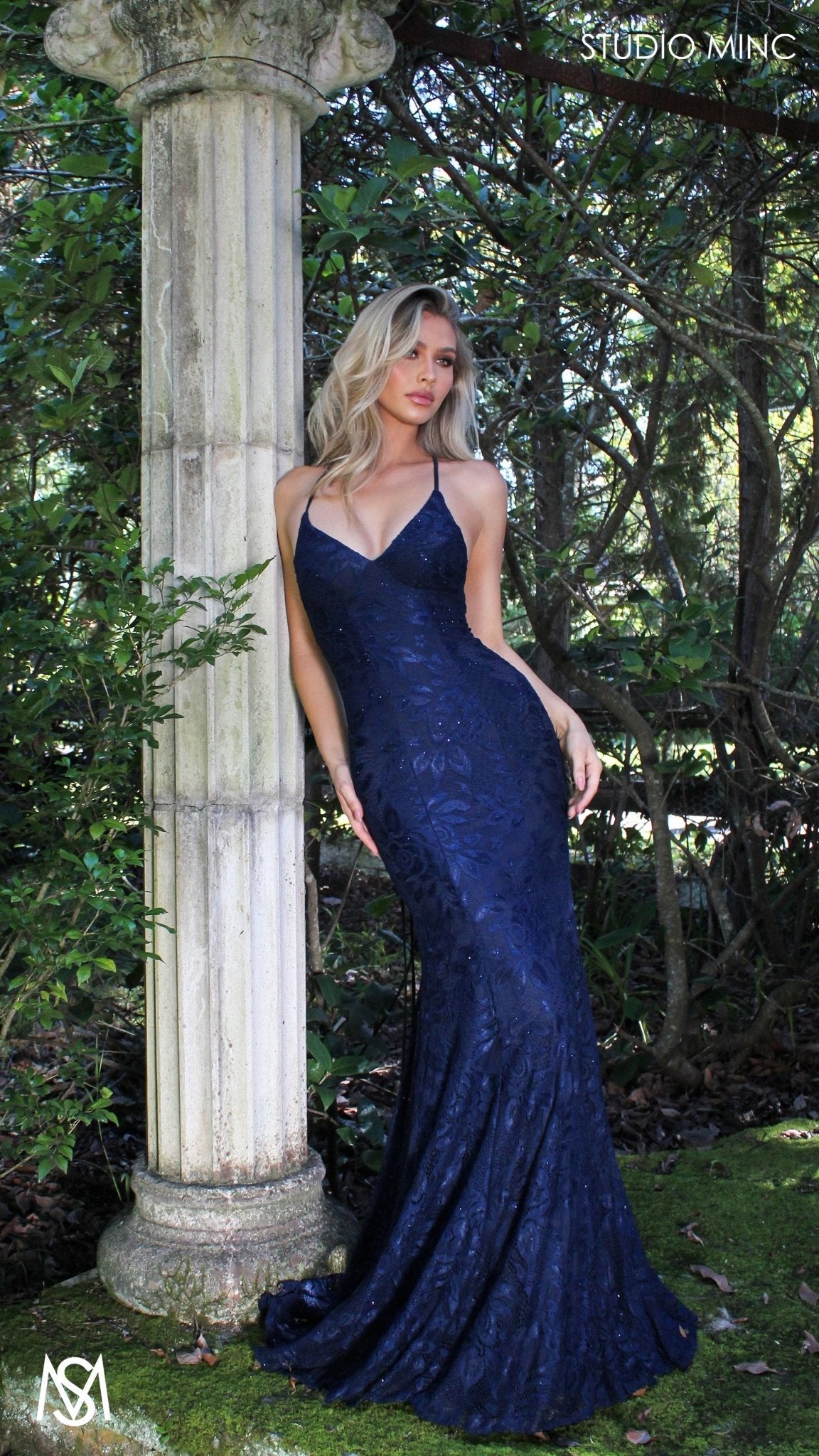 Navy Blue formal dress | lace V neckline fitted mermaid lace up Jasmine Lace Mermaid Dress