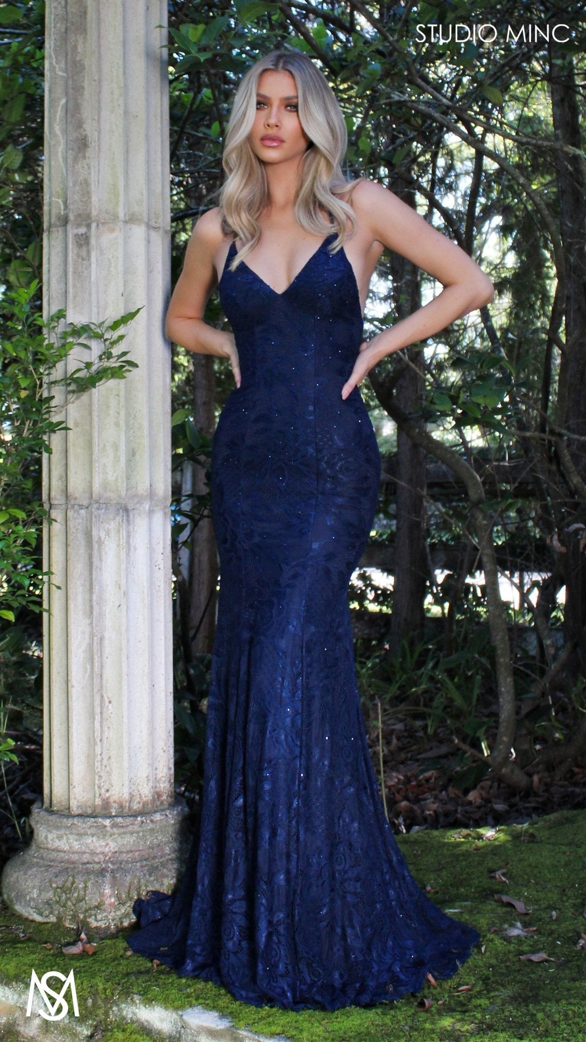 Navy Blue formal dress | lace V neckline fitted mermaid lace up Jasmine Lace Mermaid Dress