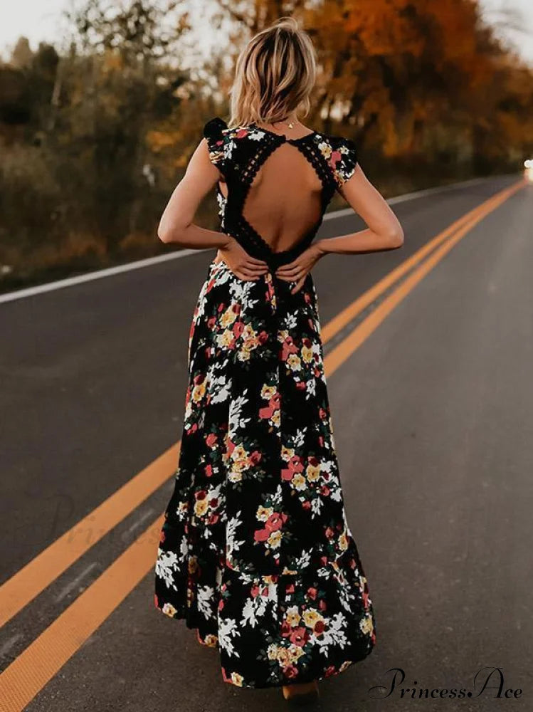 Black Valentina Floral Asymmetry Backless Dress