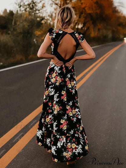 Black Valentina Floral Asymmetry Backless Dress