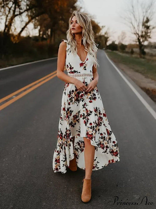 White Valentina Floral Asymmetry Backless Dress
