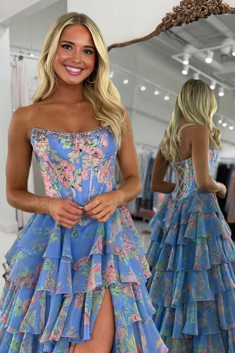 Strapless A Line Floral Chiffon Ruffled Prom Dresses With Beading Margot Strapless Chiffon Prom Dress