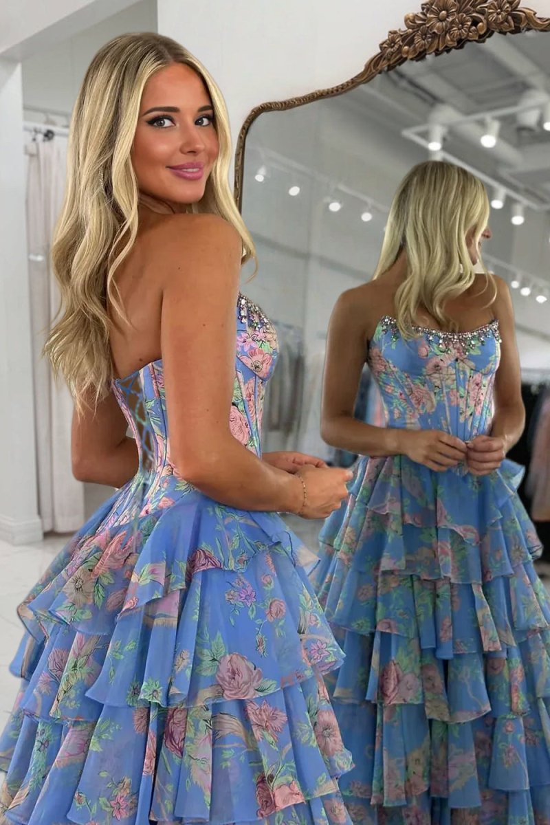 Strapless A Line Floral Chiffon Ruffled Prom Dresses With Beading Margot Strapless Chiffon Prom Dress
