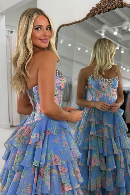 Strapless A Line Floral Chiffon Ruffled Prom Dresses With Beading Margot Strapless Chiffon Prom Dress