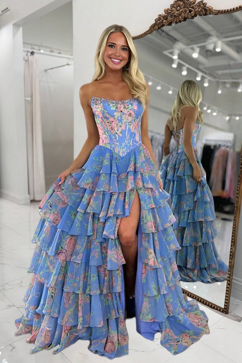 Strapless A Line Floral Chiffon Ruffled Prom Dresses With Beading Margot Strapless Chiffon Prom Dress