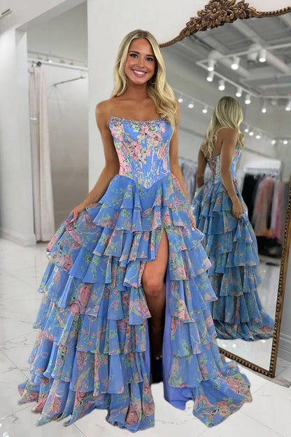 Strapless A Line Floral Chiffon Ruffled Prom Dresses With Beading Margot Strapless Chiffon Prom Dress