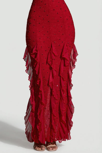 Red Margot Ruffle Maxi Dress in Red