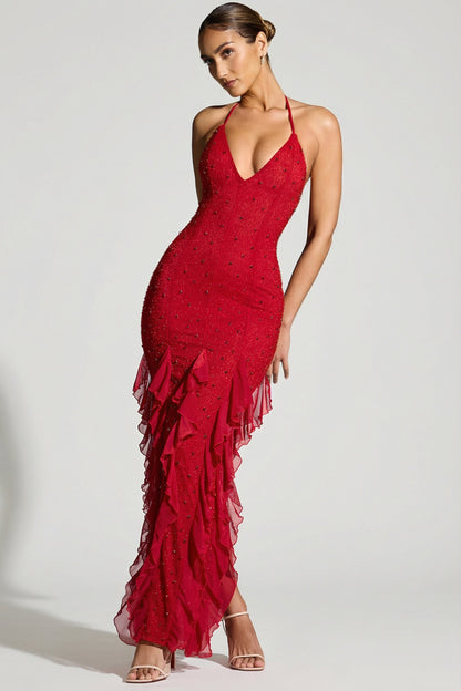 Red Margot Ruffle Maxi Dress in Red