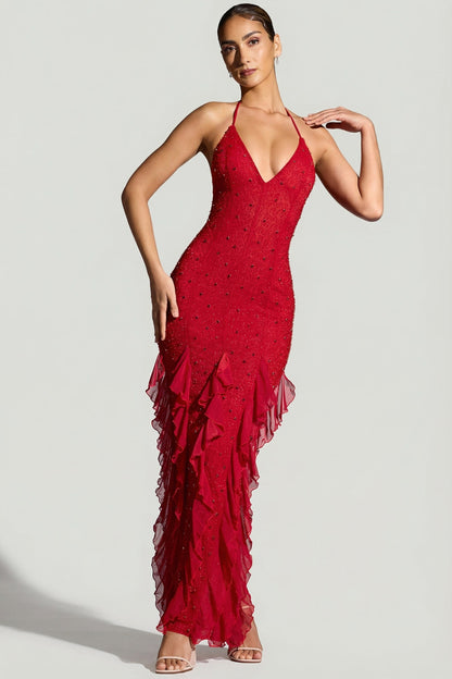 Red Margot Ruffle Maxi Dress in Red